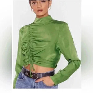 Nasty Gal Collection Green Cropped Ruched Cutout Back Blouse Top Women's Size 4
